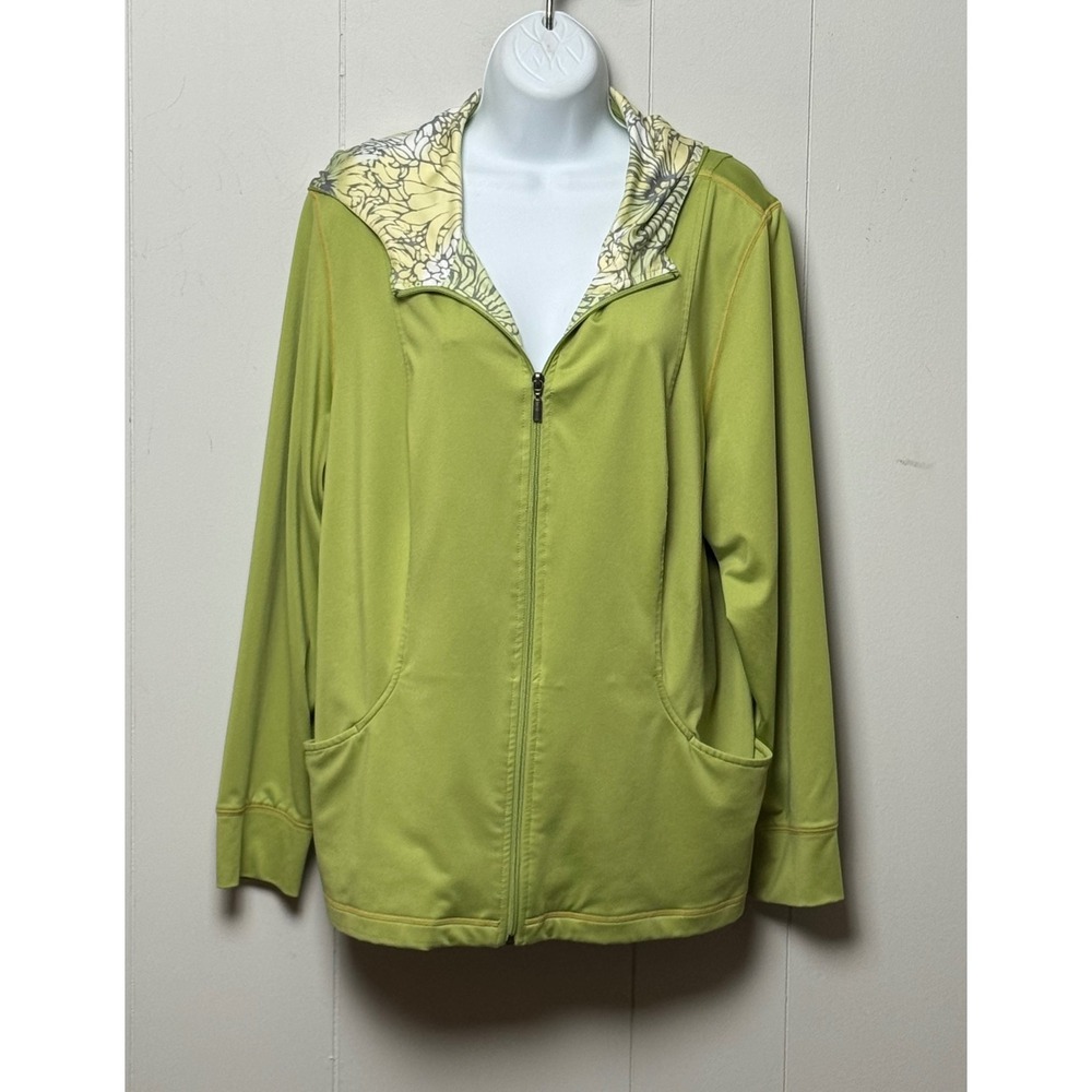 Spirit Woman's Lime Green Full Zip Hoodie Floral Hood Lining Active Jacket Sz 1X